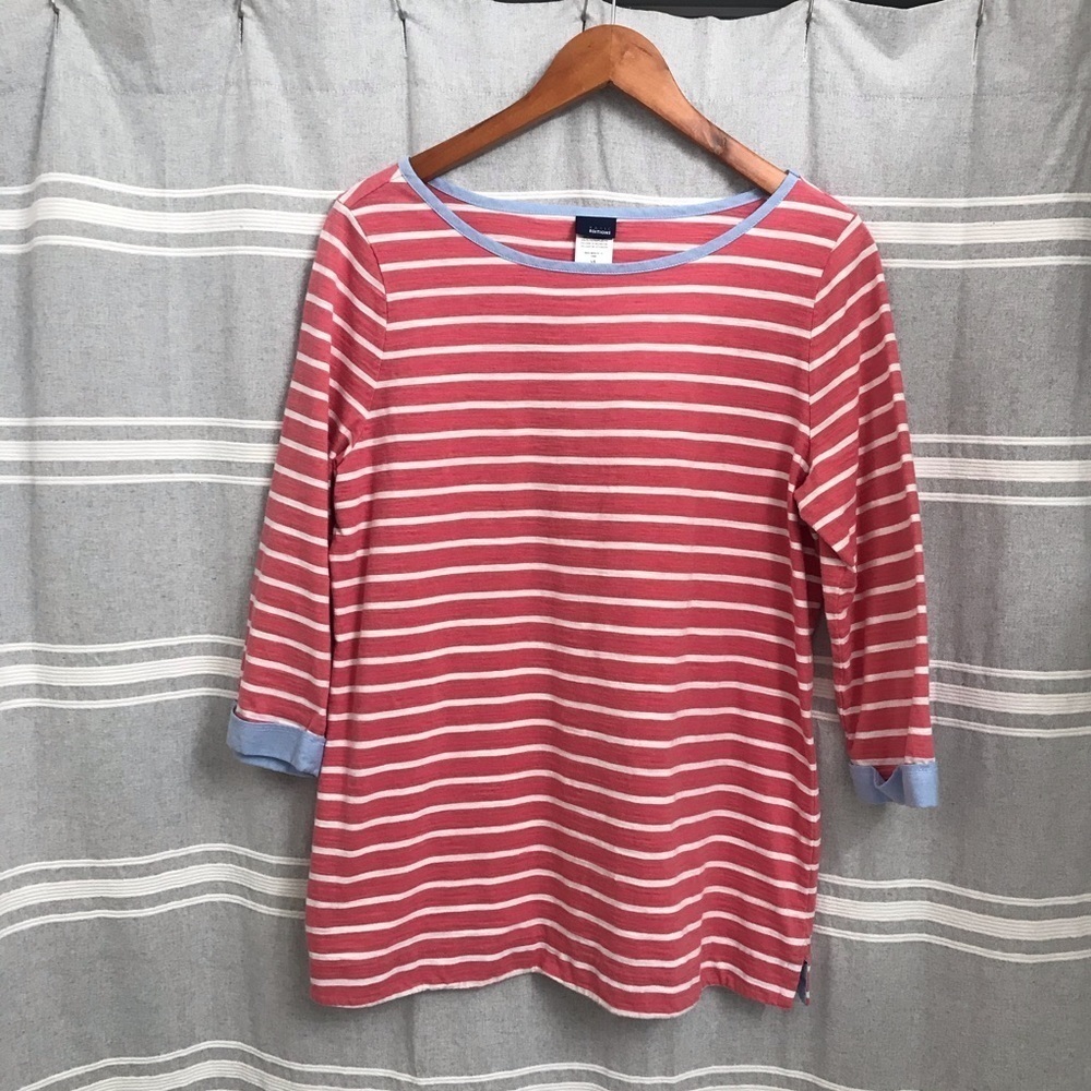 BASIC EDITIONS / Ladies Pink & White Striped Boatneck 3/4 Sleeve Top Size L